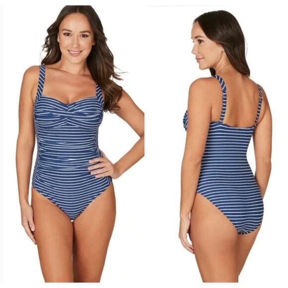 Niptuck Swim Riviera Stripe Denim Joanne Twist Front Design One Piece Swimsuit S - Picture 1 of 13